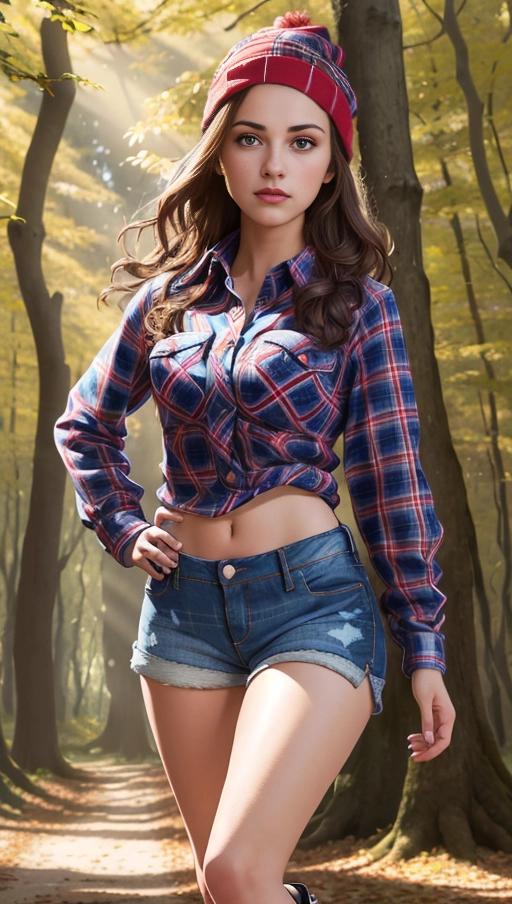 UHD, ultra-realistic, photo of young woman, walking in the woods, hyper-realistic, 32k uhd --ar 9:16 --stylize 750 --v 6, dark eyes, natural beauty, shoulder length wavy hair, wearing a toque, (plaid shirt:1.4), (breasts partially visible:1.2), (small_pointy nipples:0.9), (narrow hips:1.4), (tight-fitted jean-shorts:1.3), with (knees sox) and boots, posed in a forest setting, fall leaves and evening glow,
soft lighting, dappled light, bokeh, masterpiece,
