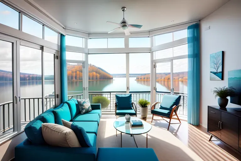 Lake view from living room with balcony opening into lake view, contemporary, white walls, bay windows, blue couch