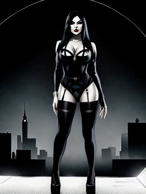 Emilia, mob wife, fashionably dressed, streets of Gotham City , style of True Crime comics, Sin City, Frank Miller , (Black and White with airbrushed colors)