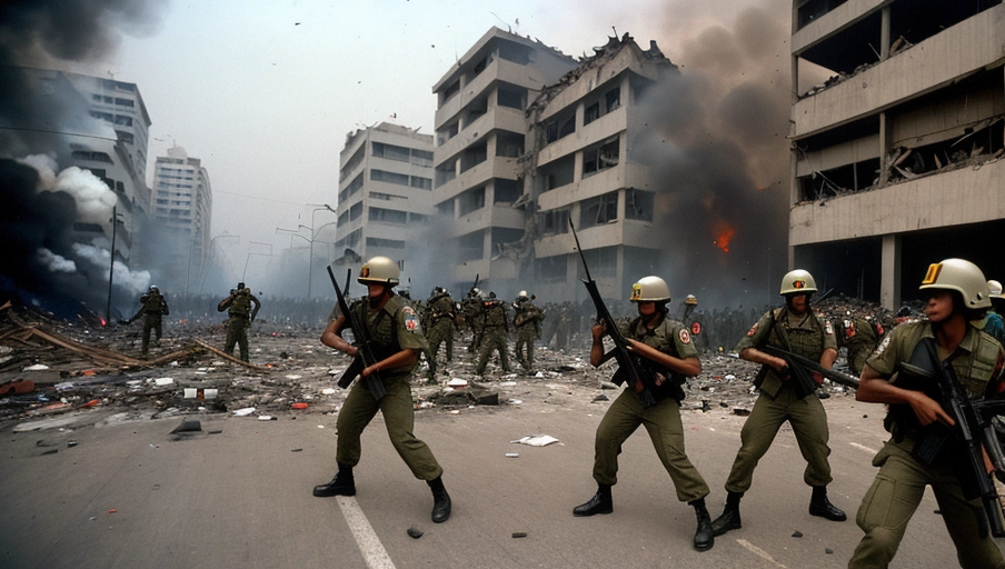 1998 Jakarta riot real photography on the street but amplified 100 times more intense, soldiers shooting flamethrowers and sporting RPGS, intense gunfight on the streets between peacekeepers and rebels, buildings on fire or collapsed in ruins, missiles flying on the sky, night time no electricity