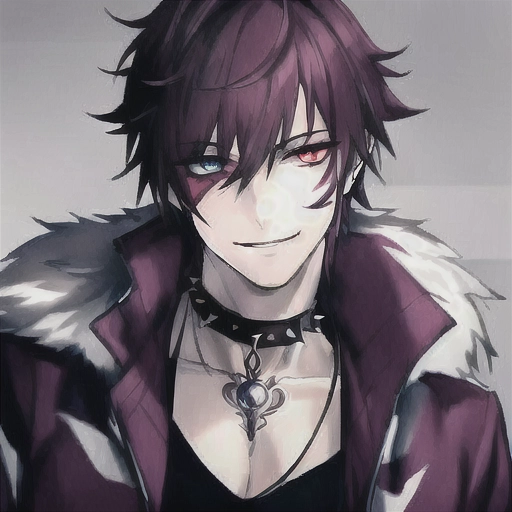 (masterpiece:1.2), (best quality), (ultra detailed), (8k, 4k, intricate),(highly detailed:1.2),(detailed face:1.2), (detailed background),detailed landscape, (dynamic pose:1.2), solo male, hunter, pet chain collar spiked around neck, fluffy purple jacket, heterochromia, wolf animal eyes, plain white shirt, auburn antenna spikey hair disney prince messy medium antenna length light, male guardian of the earth , teen wolf, bloody, psycho look in eyes, grinning, smiling , blood , school clothing, auburn hair, bright eyes , heterochromia, no facial hair, background paint spots creative ,masterpiece, digital art masterpiece
