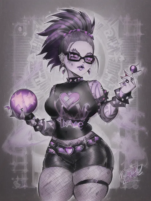 (((drawing of a punk magical woman in all black by cherry-gig))), (stylized cartoon face), (detailed facial features), (thick purple lips), ((wide hips and small upper torso)), pear shaped figure, thick thighs, fishnets bodysuit, holey baggy black tee