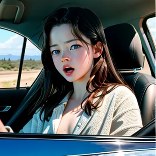 a realistic photo of young mackenzie foy in a car, naked, nsfw, scream, fear, cum on body, cum on face