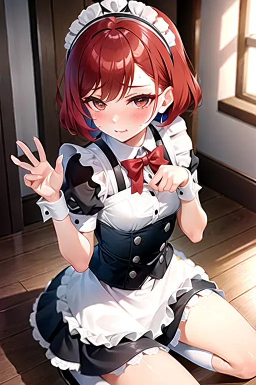 tomboy, blushing, maid outfit, short skirt, red hair, begging, groveling