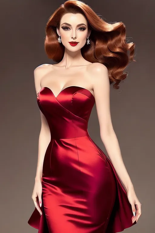 Dopamine Girl Crimson satin dress, clinging to a slim waist, toned
