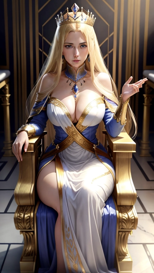 ((queen)), (((throne room))), blonde hair, blue eyes, pristine skin, ((elegant)), gorgeous, beautiful, (((mature age))), (((palace))), outside, (noon), (realistic lighting), (HDR), (UHD), ((((64k)))), bokeh, ((hyper realistic)), woman, human, ample breasts, ((extreme detail)), realistic body parts, ((realistic face)), realistic skin, (((sitting on throne))),((jewelry)), ((noble)), ((fantasy))
