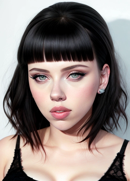 Young scarlet Johansson, simple grunge makeup, pale colored eyes, black hair, bangs, big lips, realistic face, high riding huge boobs, gigantic tits, big bra, photorealistic, best quality, ultra high resolution