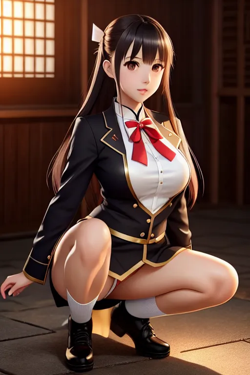 a illustration of,asuna yuuki,wearing japanese high school uniform,squatting,in a temple,small breasts,five fingers per hand,bangs hairstyle,charming face,beautiful lips,black eyes,curved eyebrows,pale skin,cosy,wearing golden ring,artstation,bokeh,unreal engine,professional,cgsociety
