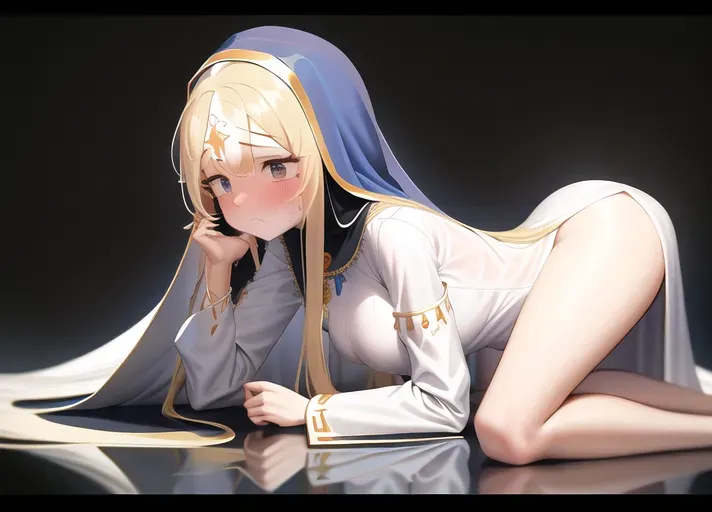 blessed virgin Mary, very long hair, embarrassed