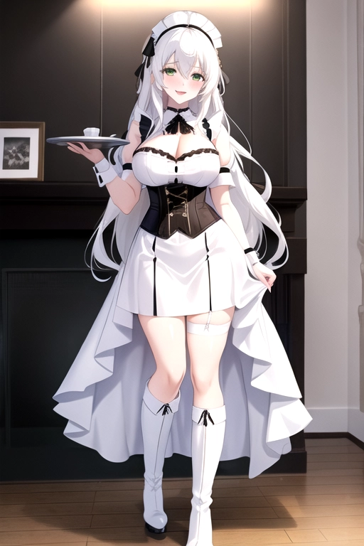 long hair, pale skin, white hair, green eyes, black choker, giant H-cup breasts, wavy hair, white maid uniform, smiling, full body photo, 28 years old, miniskirt, cleavage, high heels, corset, 8k quality, boots, in living room