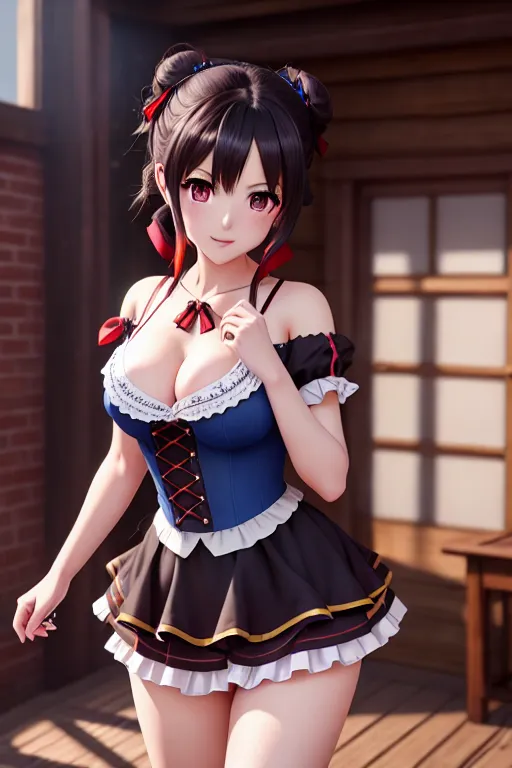 a photo shot of,megumin,wearing maid clothes,walking,outdoor,small breasts,five slender fingers,updo hair,beautiful face,beautiful lips,blue eyes,curved eyebrows,curved eyelid,pale skin,cosy,tattoo,highly detailed,pixiv,8k,unreal engine,studio lighting