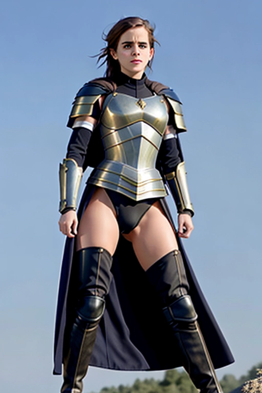 Emma Watson, knight, no helmet, in skin tight armor, sexy,hyper realistic, sexy pose,big thighs,realistic face, show legs,cleric,busty,huge breasts,muscular,skinny waist,wide hips,metal arm,bbw,enlarged breasts