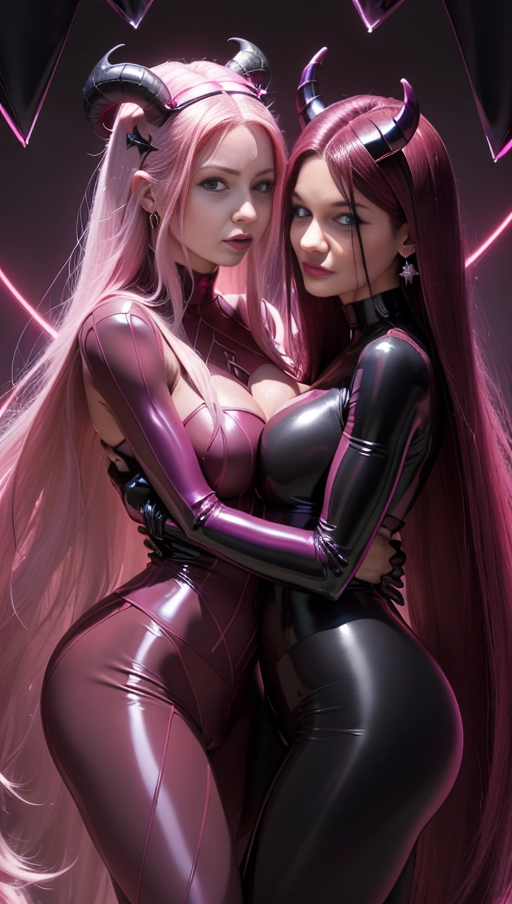 best quality, (((ultra high res))), (((detailed face and eyes))), ((perfect face)), (big shining heart choker), earrings, jewelry, (conjuring), witch, ((very long voluminous hair)), ((((Bordeaux hair)))), ((((black skintight neckholder)))), ((((pink lipstick)))), ((black long sleeves)), ((glowing heart)), (((demon mark))), ((((straight hair)))), (((Kylie Jenner))), (((((very very long Bordeaux hair))))), (((perfect face and eyes))), (((straight hair))), ((black leggings)), ((black latex suit)), ((succubus)), demon horns , (((huge cameltoe))), black gloves, dark background, (((strands))), (((pink glowing lines))), ((((demon)))), (((diamond diadem crown))), (((pink diamonds))), ((((2 girls hugging)))), (((Bordeaux hair))), (((dark hair))), (((latex)))