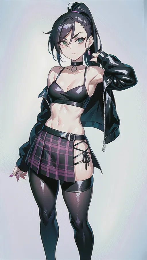 Sam Manson goth girl from Danny Phantom Cartoon is a slim, fair-skinned Caucasian girl, possessing violet eyes, thick brows and chin-length straight black hair with a ponytail at the top back of her head with a green hair tie. She also dons purple lipstick for makeup, Despite her otherwise thin physique, her outfit emphasizes her figure mainly her hips, wearing all black color scheme with purple and green accents, featuring a simple black choker around her neck, as well as a tight black cropped tank top, which has a purple oval printed on the center, She also wore thick black bracelets on both her wrists, as well as a skirt with a green crosshatch design, giving away to her purple tights, She completes her look with a pair of large black biker boots, with metal-like soles. Aged down, deaged, ((flat chested)), (((slender body))), wide hips, ((plaid skirt))