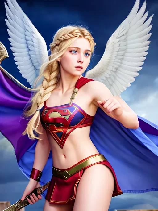 High resolution best-quality image,
My pov,
At Ancient Greek Temple in perfect condition,
stormy sky,
(Greek goddess Athena with perfect complete pair of (two angel wings)),
ready for battle,
(Looking directly at camera),
((Her right hand holding sword by the handle ready to strike)),
(Left hand and forearm carrying round shield),
(wearing Ancient Greek (Corinthian battle helmet)),
(Wearing (aegis) breast plate),
Wearing tunic,
wearing Xena-style battle dress,
Wearing ancient Greek (Iphicrates) battle boots,
Modestly dressed,
(realistic detailed blonde hair in crown-braid style)
(Looks like young Helen Slater),
((perfect gorgeous facial features)),
(Beautiful realistic detailed blue eyes), (realistic detailed blonde eyebrows),
Gorgeous slender strong body,
(((Small) realistic detailed breasts)),
((5-good-hands, five perfect
slender fingers on each hand)),
only two arms per girl,
Body oriented towards camera, (Looking directly at camera),
Looking sexy fierce beautiful smiling seductive,
16K, hyperrealistic, ultra-realistic, photorealistic, 3-D, fine details, 5-hands, sharp focus, pixiv, HDR, absurd resolution, cgsociety, heavily
detailed, rich saturated colours,
(Supergirl colours),
High-fantasy aesthetic,