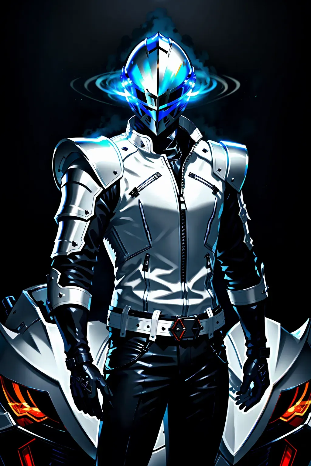 Knight, full face helmet, white leather jacket, with a sword, male, 8k wallpaper, best quality, ultra hd, global lighting, hi-resolution, high quality, highly detailed, lightning in the background,
