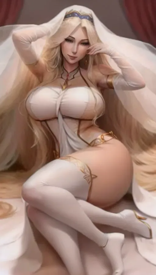 highquality,1girl, 1girl, breasts, long_hair, solo, jewelry, large breasts, whitedress, bare_shoulders, very_long_hair,bed, <lora:goblin_slayer_swordmaiden:1>