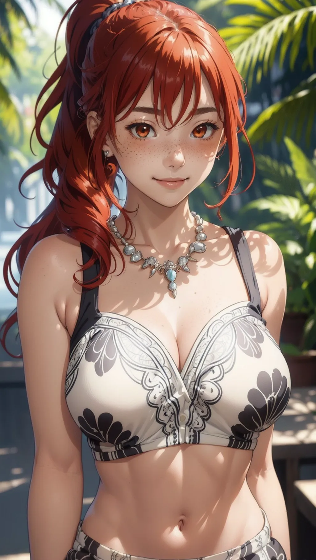 (masterpiece, best quality), 1girl, collarbone, wavy hair, looking at viewer, blurry foreground, upper body, necklace, contemporary, plain pants, ((intricate, print, pattern)), ponytail, freckles, red hair, dappled sunlight, smile, happy,