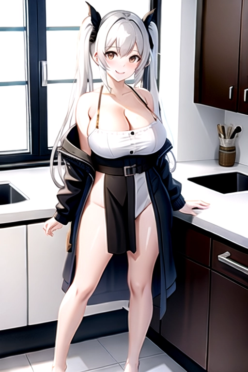 8k quality, brown eyes, pale white skin, white hair, giant breasts, cleavage, looking at viewer, pov, long hair, wavy hair, full body photo, completely naked, standing in kitchen, smiling, pigtails