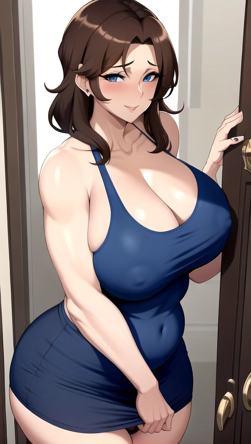 middle age milf, d cup breasts, thicc figure, Asian, answering the door, blue eyes, brown hair, tank top, panties, aroused