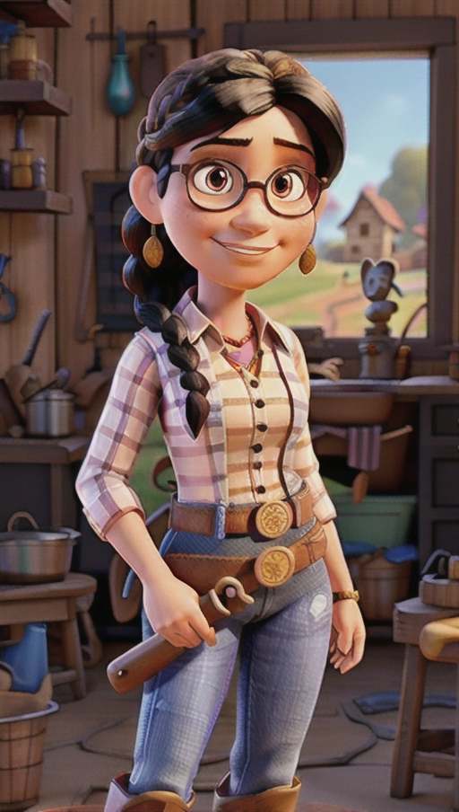 A cowgirl wearing Jessie from Toy Story clothes and holding a hammer in her right hand, black hair, braid, glasses, black eyes, tall, blacksmith workshop