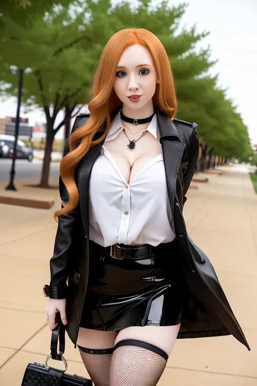 full body, strawberry blonde hair, hazel eyes, short girl, black miniskirt, black high heel boots, looking at viewer, long hair, pale skin, black necklace, white shirt, 24 years old, giant breasts, cute face, pov, wavy hair, city environment, Oklahoma City, wide eyes, erotic, skirt tug, trench coat