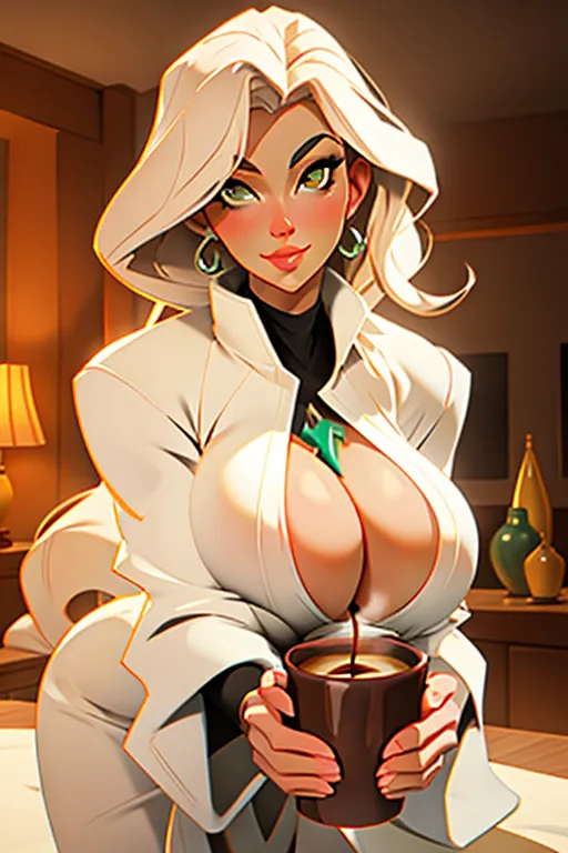 milf, ((gigantic boobs)), ((oversized boobs)), naked, indoors, holding a coffee cup, detailed face, detailed hair, perfect lightning, best quality, hd, photorealistic, full shot