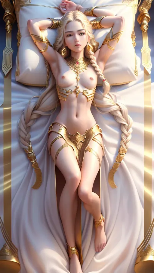(Masterpiece) 8k resolution, hyper realistic, beautiful face, slim body, small breast, goddess, view of full body, light complexion, sexy,
White long braided hair, gold jewelry, gradient background, perfect lighting, deity, multiple arms, 4arms, laying on bed