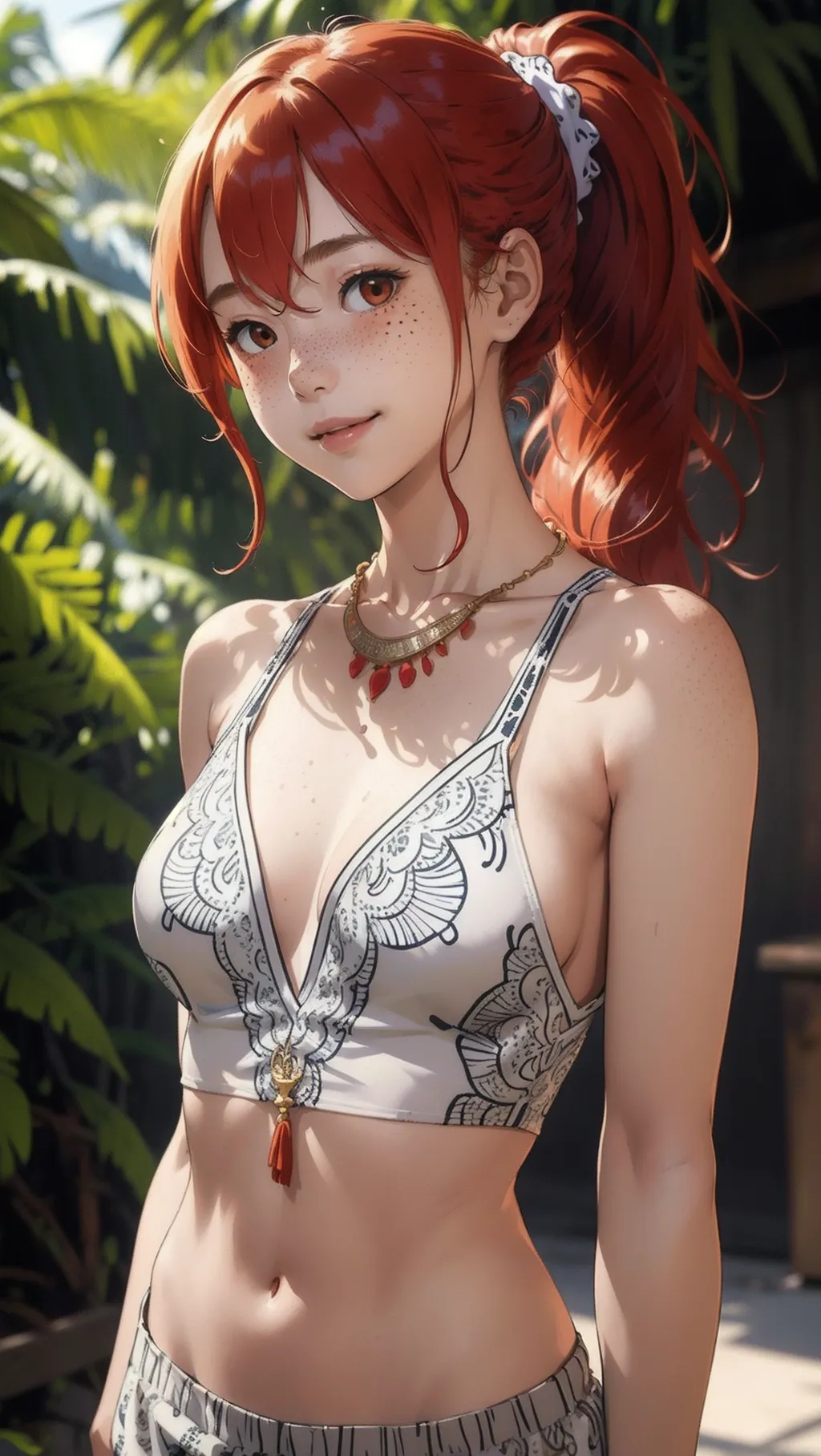 (masterpiece, best quality), 1girl, collarbone, wavy hair, looking at viewer, blurry foreground, upper body, necklace, contemporary, plain pants, ((intricate, print, pattern)), ponytail, freckles, red hair, dappled sunlight, smile, happy,