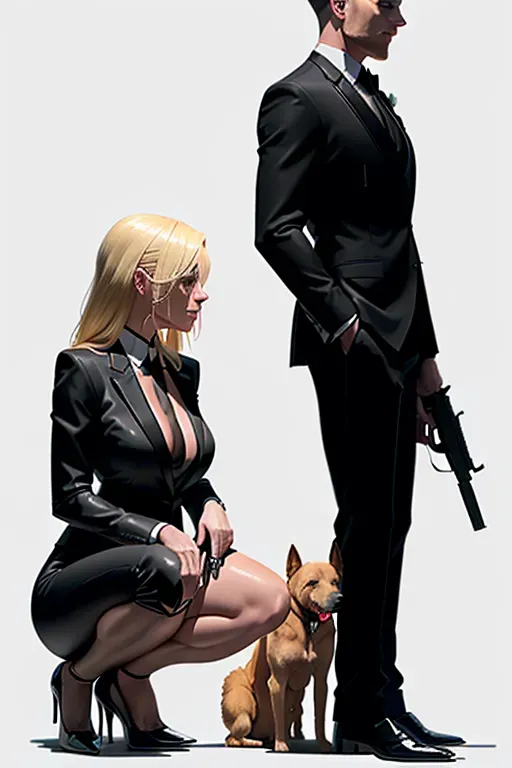 an arm of man in a black formal suit holding a gun pointing at a nude blonde girl on her knees crying with a cut throat with a dog collar tied to man on a white background, 4k ultra high defintion, guro, profile view, side view