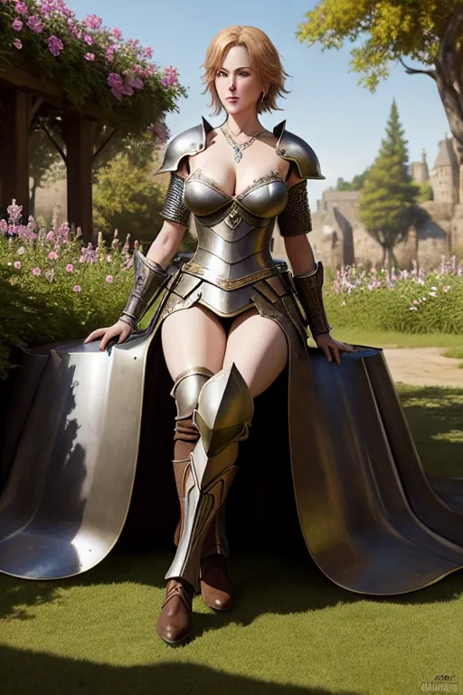 a concept art of,nicole kidman,wearing medieval armor,sitting on bent knees,in the garden,big breasts,five slender fingers,short hair,beautiful face,beautiful lips,brown eyes,curved eyebrows,wearing necklace,artstation,highly detailed,ultra realistic,smooth,bokeh