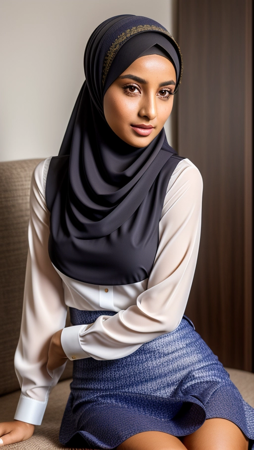 professional photograph of a 20 years sexy cute slim arabic (hijab) girl with tanned skin wearing a hijab and sexy blouse and short skirt looking at the camera exposing cleavage,
realistic face, highly detailed face, round face, cute face,
((dark skin)), tanned skin, highly detailed skin, textured skin,
reflective eyes,
perfect small boobs,
beautiful legs,
showing deep cleavage and knees, sexy pose, sitting, leaning,
deep cleavage, sexy knees, long shot picture,
highly detailed features,
highly detailed cloths, colorful cloths,