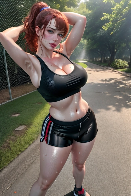 A 16k resolution full body photo shot, Christina Hendricks, Standing, One Hand Behind Head, Sweaty Armpit, Athletic, Cleavage, Glossy Hair, Fringe, Ponytail, Full Mouth, Full lips, Body Hair, Happy Trail, Pubic Hair, detailed hair features, Hyperreal detailed facial features, Eye Contact, Detailed Dilated Pupils, Smiling, Close Focus, Realistic Soaked Cleavage, Sweaty, Sweaty Body, Sticky, Large Breasts, Grey Crop Top, Black Spandex Shorts, Sandals, in a park