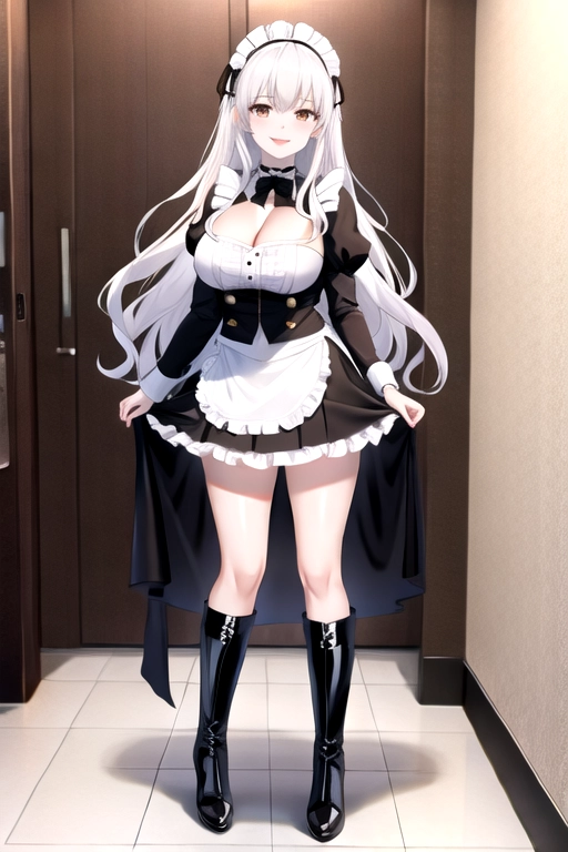 8k quality, brown eyes, pale white skin, white hair, giant breasts, cleavage, looking at viewer, pov, long hair, wavy hair, full body photo, standing in room, smiling, black maid uniform, miniskirt, high heels, black knee high boots, black choker
