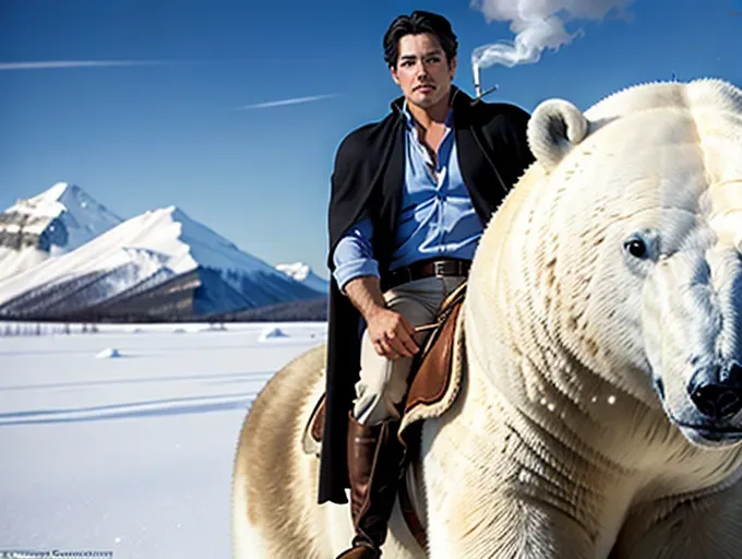 beautiful, masterpiece, best quality, extremely detailed face, perfect lighting, 1guy, actor, dean Cain, riding a polar bear, smoking a cigarette, wearing a cape