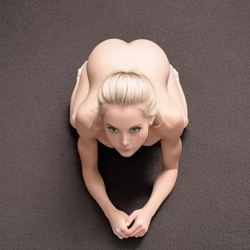 Medium shot, of a woman, seen diagonally from above her shoulders, level shot, nude, crawling forward, (crawling towards the camera):1, athletic, pale, blonde, (looking at the camera):1, sexy, ambient lighting, indoor, 24mm, shoulders down, elbows down, butt up, legs open, close-up of face