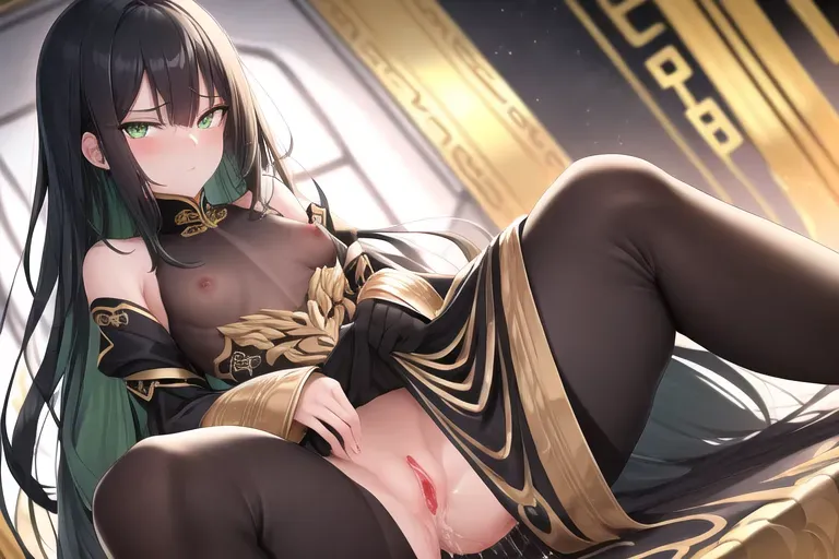 looking down at viewer, blush, pussy juice, best quality, masterpiece, 1girl, sex, nsfw, long hair, flat chest, black see-through bodysuit, silver eyes, heart-shaped eyes, emotionless stare, thin thighs, gold accessories, chinese design, royal throne background, pussy juice, make-up, masturbation, visible breath, (black hair), green highlights on hair, cold green eyes, lounging on throne, spread legs, glaring at viewer, 1boy, cunnilingus
