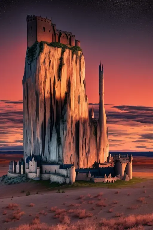 intricate highly detailed castle on top of a plateau with a town at the foot of the plateau with great plains landscape and a giant wall on the horizon