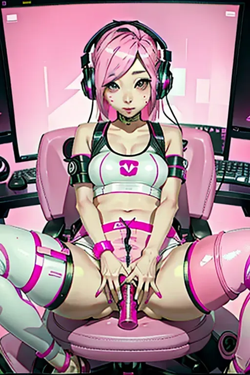 Pink,Japanese , Twitch streamer, sitting in a gamer chair, riding a dildo inserted into vagina, wearing headphones, view from webcam, legs spread, sexy gamer girl, detailed face