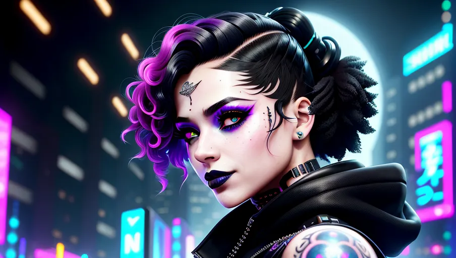 replicate inspiration face, a digital painting of,a cyberpunk girl,wearing pretty clothes,five slender fingers,gorgeous face,beautiful lips, black lipstick, large eyes,curved eyebrows,curved eyelid,textured skin,black hair,curly hair,face,tattoo,smiling,8k,bokeh,cgsociety,artstation,pixiv
