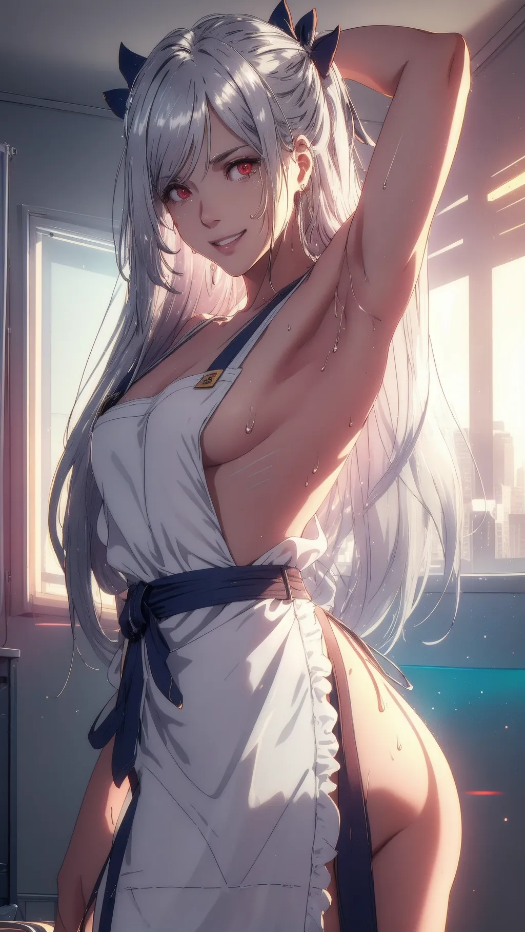 (Best quality, single frame image), (super colorful soft vanilla portrait of young_woman with arms up showing ass), (long messy silver hair with hair_ornaments and sideways_fringe, naked-apron with ribbon-belt and loincloth:1.2),
(correct anatomy, slender and toned), (large red eyes looking at viewer:1.08), (close up profile view of cute western face with arrogant expression:1.15), beautiful thin lips (smiling smugly showing teeth:1.12), perfect naked butt,
Energetic and seductive, (colour explosion in a dreamy and faded landscape, dynamic colours with modern indoor apartment cityscape:1.25), hyperrealistic skin (glistening with sweat:1.35),
soft focus, sharp and clear image, (flat shading stylised colorful art:1.07), <lora:dpmg_add_detail:0.25>, (physically based ray-tracing, photon mapping, soft lighting:1.3), (high resolution masterpiece), cute round face, side view