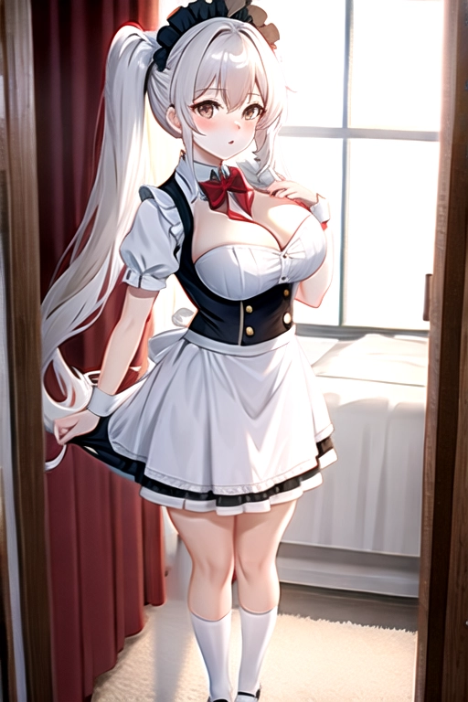 4k quality, brown eyes, pale white skin, white hair, giant breasts, cleavage, looking at viewer, pov, long hair, wavy hair, standing in bedroom, maid uniform, high heels, miniskirt, pigtails