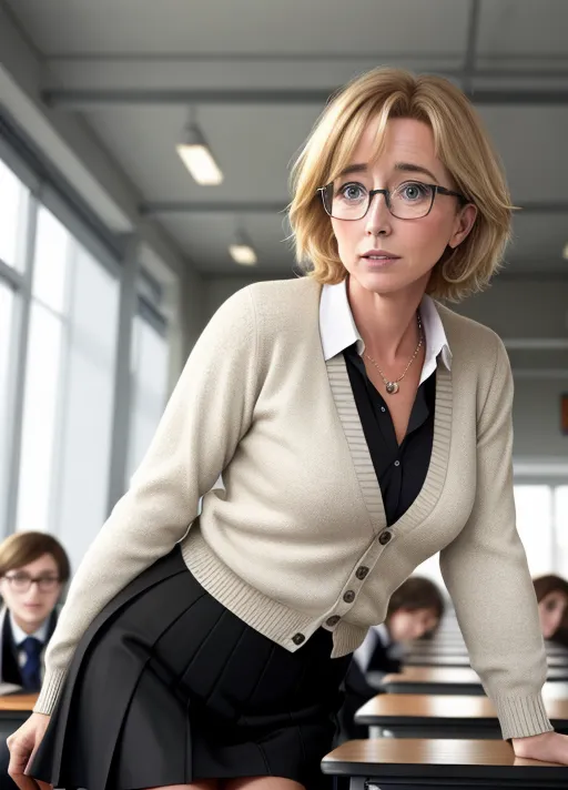 8k high resolution photograph of, Emma Thompson at 40-years-old, short brownish-blonde hair, detailed facial features, realistic glossy symmetrical eyes, textured skin, tall thin body, small natural breasts, wearing stylish glasses, dressed as a teacher in a cardigan white fitted blouse, black knee-length skirt, sensible black shoes, in a high school classroom, students in background, leaning back on desk legs apart, surrounded by male students, (front view:1.3), (full-body photo:1.3), bokeh, ultra realistic, masterpiece,
