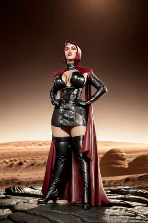 (((highly detailed color photo of Scarlett_Johansson))) (((dressed like Dominatrix Nyah from film Devil_Girl_from_Mars))) black cape, black cowl covers hair, hair covered with black skull cap shaped like widows peak, black leather boots, ((((background is rocky Mars Landscape)))), perfect natural breasts (((perfectly shaped hard erect nipples))) accurate skin detail ((perfectly nipple placement)) (((detailed hair features))) (((detailed facial features))) (((detailed hand features))) (((detailed body features))) sweaty gorgeous face only two breasts only two nipples only two legs