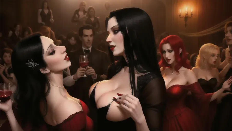 medium shot of the 3 raven haired sexy vampire vixens of Dracula hungerly at an erotic intament party with their redheaded hypnotized innocent victim. Drinking, dancing, kissing her lips, her neck, her breasts, grooming and seducing their innocent hypnotized victim, placing upon her head a shadowy veil, preparing her to join them in the night. on a foggy moonlit night in the shadowy ballroom of a decerped old castle. Beautiful redhead still human victim early mid-thirties moderate breasts good sweet innocent, big soft round eyes, warm smile Anna of Arendelle in an elegant Nordic ballgown.
photorealistic. High resolution