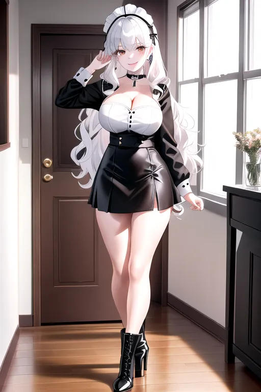 miniskirt, black maid uniform, white hair, choker, brown eyes, pale skin, giant breasts, boots, cleavage, high heels, looking at viewer, walking across room, living room, 1girl, smiling, wavy hair, 8K, Full body photo, slim body