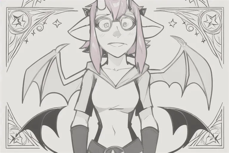 masterpiece, best quality, full face, half body, 1girl, solo, short_hair, horns, imp, smile, pink hair, tussled hair, blue hoodie tunic, belt with star long_gloves, mono lens goggles, lineart, bat wings, tail, confused, centered in frame <lora:manga_lineart:1>