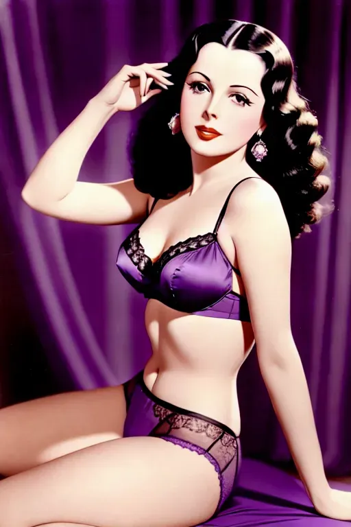 a (((colour picture))) of a young Hedy Lamarr, brunette hair, sitting with open legs, front view, purple romantic lace camisole, perfect anatomy, perfect body, looking back, round big butt, cameltoe, hand fingering inside panties