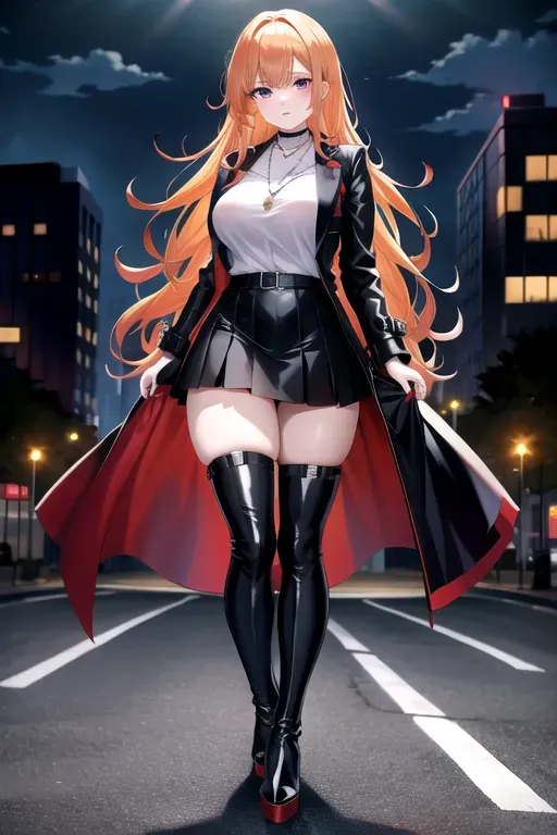 full body, strawberry blonde hair, hazel eyes, short girl, black miniskirt, black high heel boots, looking at viewer, long hair, pale skin, silver necklace, black shirt, 24 years old, giant breasts, cute face, pov, wavy hair, city environment, Oklahoma City, wide eyes, erotic, skirt tug, red trench coat, nighttime, black backpack