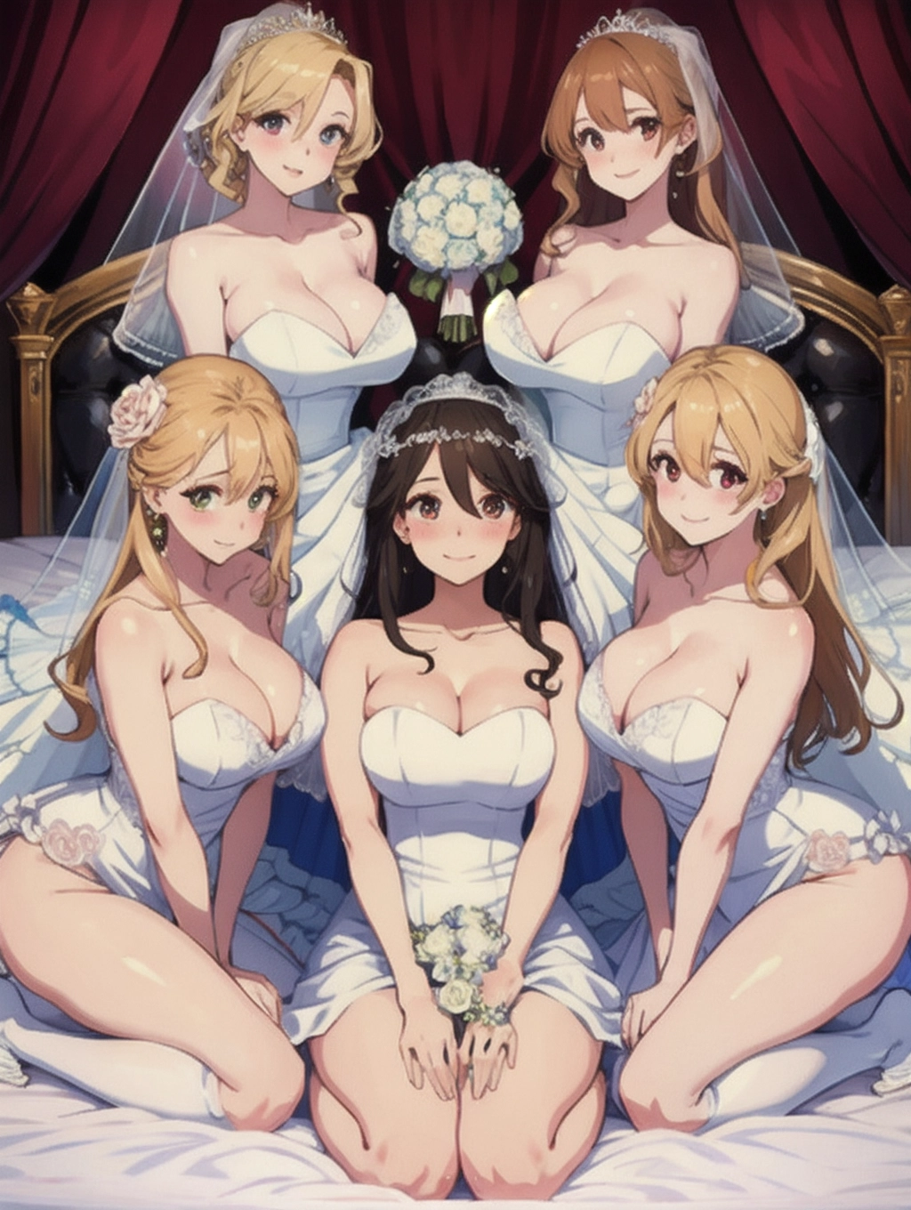 ((four beautiful brides)), (4 girls),
(masterpiece), smooth, soft lines, soft edges, perfect edges, ultra realistic, perfect anatomy, (soft lighting), (soft white glow), absurdres,
(((pussy))), (erotic), (blushing), smiling, teeth, ahegao,
ultra realistic face, hair with great details, long lashes, perfect eyes, face photorealistic, perfect face,
medium tits, wedding dress, bright bedroom, heart shaped bed, honeymoon,